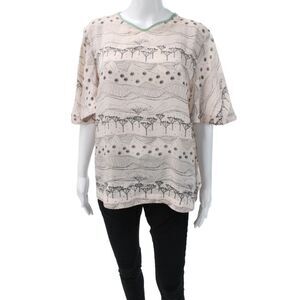 Dear Drew Womens Basic Pink Graphic V Neck Polyester Short Sleeve Blouse Size L